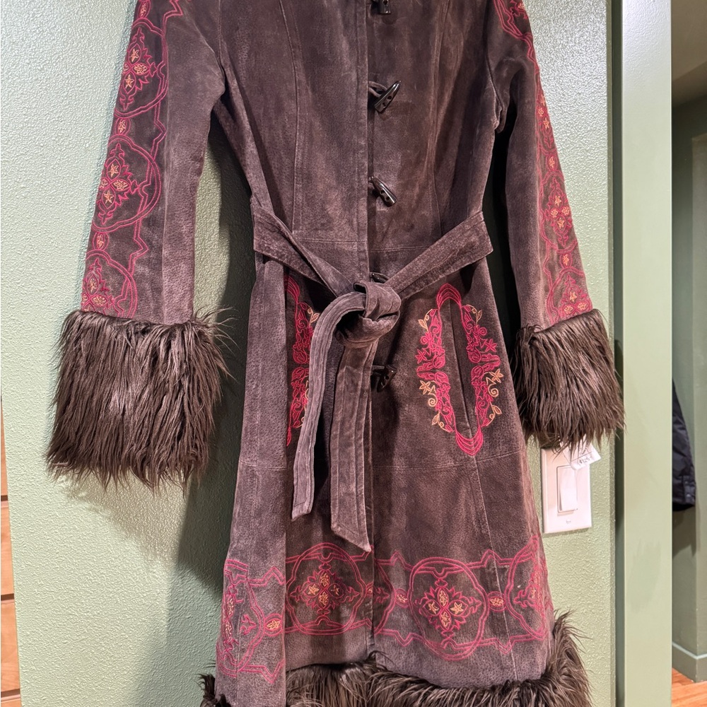 Brown Leather and Pink Embroidered Coat with Faux Fur Trim - Picture 2 of 5